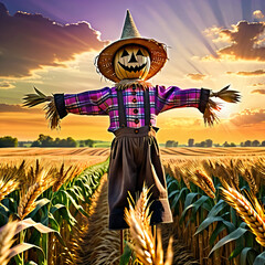 a scarecrow in a corn field