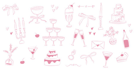 Cute pink hand drawn doodle wedding design elements. Simple line illustrations for invitations, menu, party cards. Champagne glass, cake, hearts, candles, flowers, cherry. Isolated on white