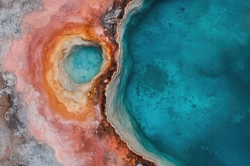aerial orthographic view of vibrant geothermal hot spring in yellowstone its concentric rings glowing in electric blues