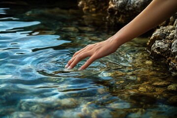 Fototapeta premium Hand in Clear Water: Serenity and Nature's Embrace