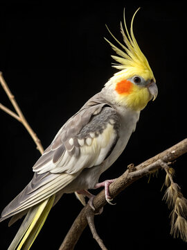 A beautiful and highly detailed image of a perruche on a delicate branch. The bird's feathers are captured in sharp focus, highlighting its fine features such as its elegant face. 