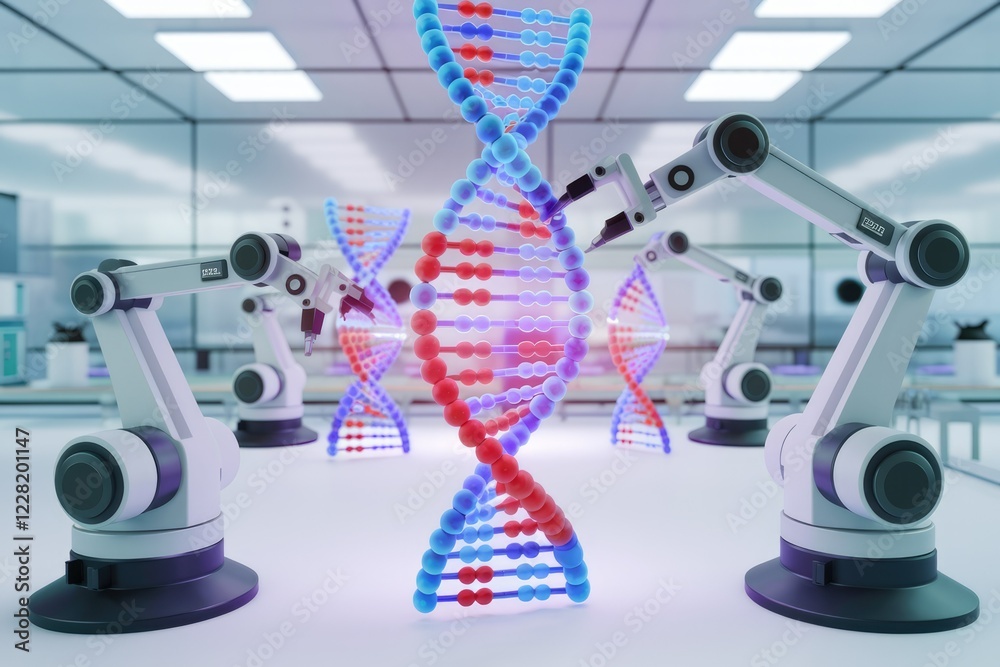 Poster robotic arms manipulate dna strands in a futuristic laboratory setting, symbolizing advancements in 