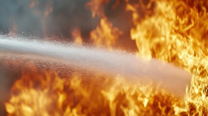 A fire hose sprays water to extinguish a raging fire, showcasing the struggle between fire and water in a dramatic scene.
