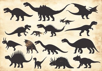 This image features silhouettes of various dinosaur species