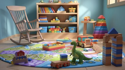 A colorful playroom with wooden toys, blocks, a rocking chair, and a dinosaur toy.