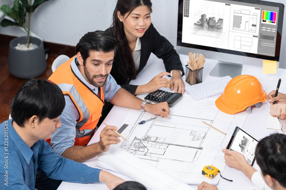 Aufkleber diverse group of civil engineer and client working together on architectural project, reviewing cons