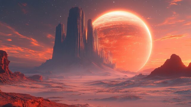 Ethereal landscape featuring towering rock formations and a distant planet alien world digital surreal environment