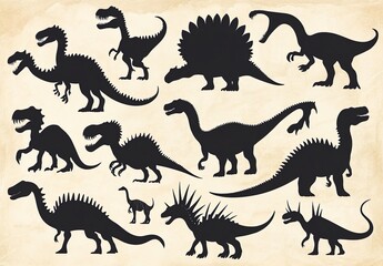 This image features silhouettes of various dinosaur species