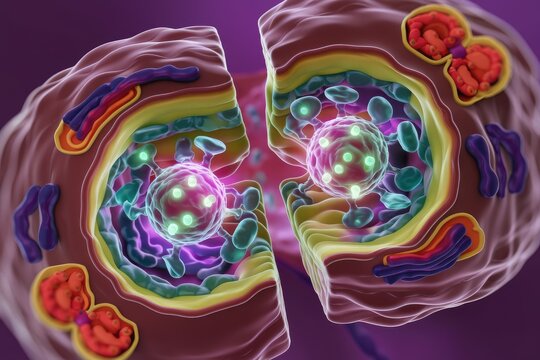 Cross-section view of a cell undergoing cytokinesis, showing the division of cytoplasm and organelles.