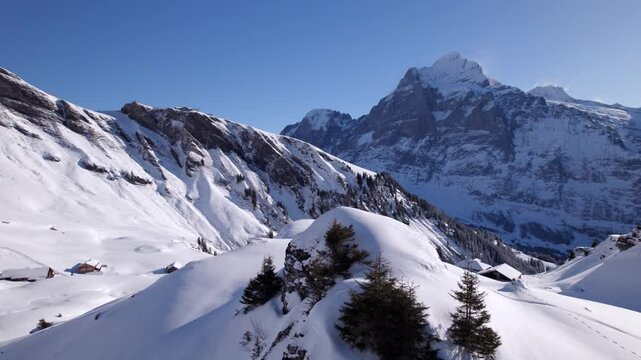 rising up revealing alpine cottages at bachlaeger above grindelwald with stunning view of mount wellhorn and wetterhorn in background