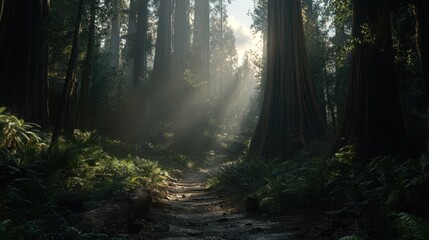 Naklejka premium Sunlit Path Through Ancient Redwood Forest