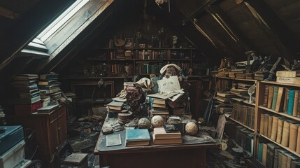 Obraz premium Dusty Attic Room Filled With Old Books And Curios