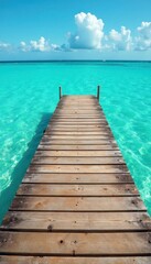 Fototapeta premium Weathered wooden plank extends over turquoise sea, photography, view, blue