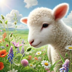 Fototapeta premium Cute little lamb in a spring flower meadow, fluffy white sheep smelling wildflowers under a blue sunny sky, adorable farm animal in nature landscape