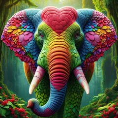 Colorful elephant in jungle with hearts