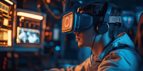 A young man wearing virtual reality goggles is immersed in a futuristic digital environment, surrounded by glowing screens and advanced technology.