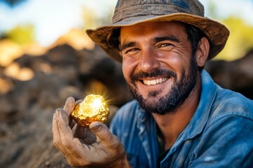 Fototapeta premium A gold miner proudly displays a sparkling golden nugget while surrounded by mining equipment and dirt. His joyful expression captures the thrill of finding treasure in the field