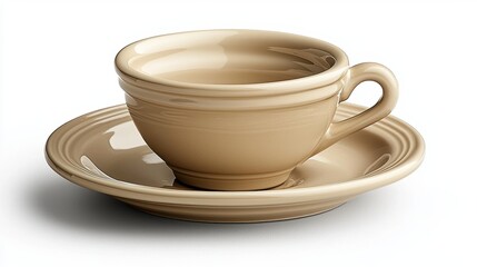 Obraz premium A beige ceramic cup and saucer set, typically used for serving beverages.