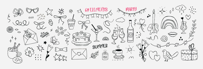 A set of hand drawn simbol  for a party with doodles. bow, dessert, gift, strawberries, balls: isolated elements. of icon sketches for invitation, flyer, poster. Vector art  illustration