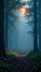 Fototapeta premium Softly glowing light sources illuminate a misty forest landscape, trees, mist, forest