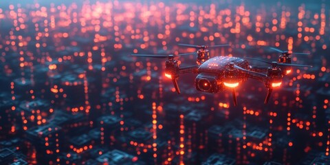 Obraz premium Drone flight over neon cityscape futuristic urban environment aerial nighttime view technology concept