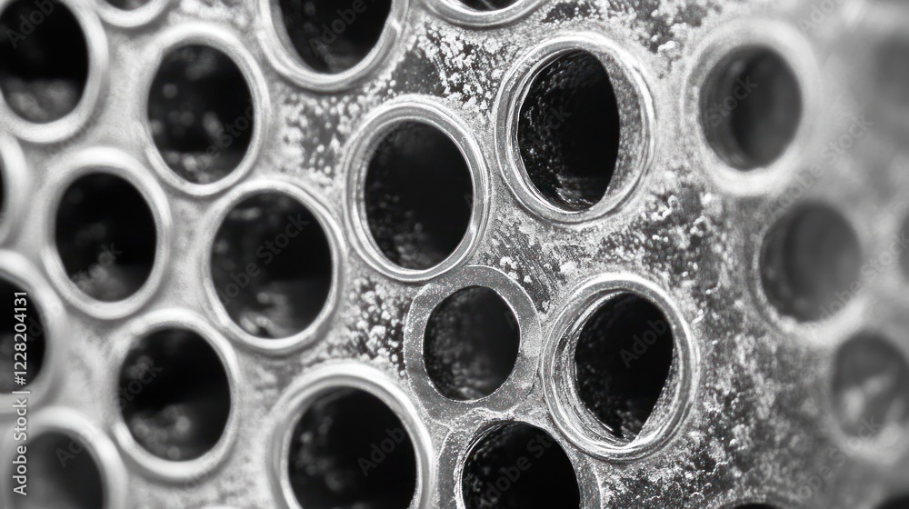 Poster closeup of a metallic surface with numerous circular holes