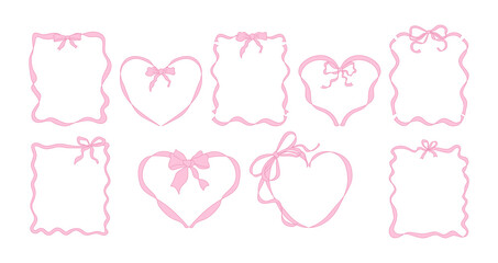 A set of heart-shaped and rectangular pink frames with delicate bows and ribbons. A hand-drawn coquette-style borders in minimalist line art for invitations, cards, posters, menus