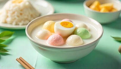 Colorful sweet rice balls in creamy milk soup
