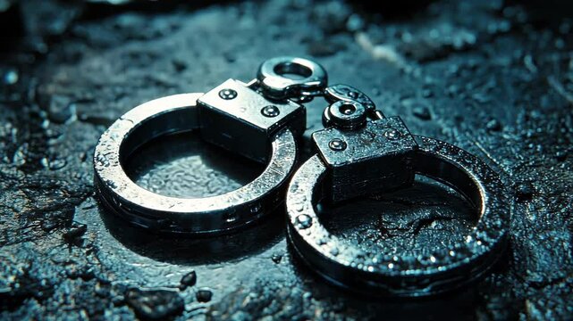 Shiny metallic handcuffs on wet surface in dramatic lighting with water dripping
