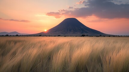 Sunset over grassy plains and a majestic mountain
