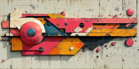 Dynamic urban installation city street graffiti mural vibrant colors wide angle contemporary expression