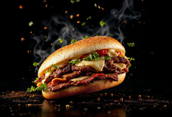 freshly grilled beef Turkish or chicken Arabic shawarma doner sandwich flying isolated on a black background
