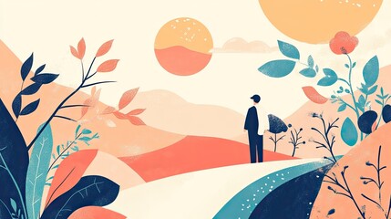 Peaceful figure stands on a path amidst colorful hills and foliage.  Possible use  motivational poster, social media graphic