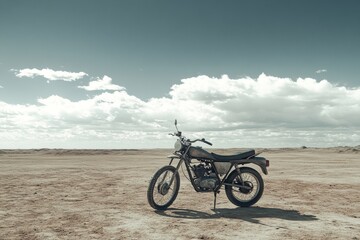 A solitary motorbike sits parked on barren ground in a nuclear wasteland, surrounded by empty space and distant clouds, evoking feelings of desolation and solitude