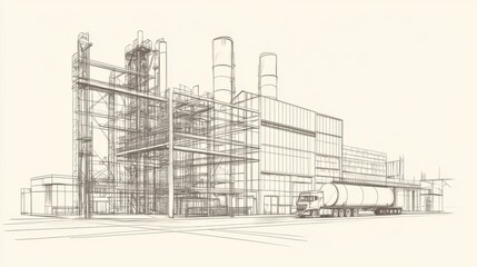 Detailed blueprint of an industrial plant with a tanker truck.