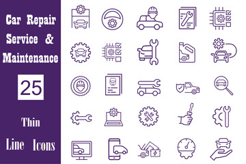 Car repair maintenance line icon set. Bodywork, repair, engine, diagnostic, car parts, repair, maintenance, construction, inspection, units, auto service, automobile etc. Editor vector illustration