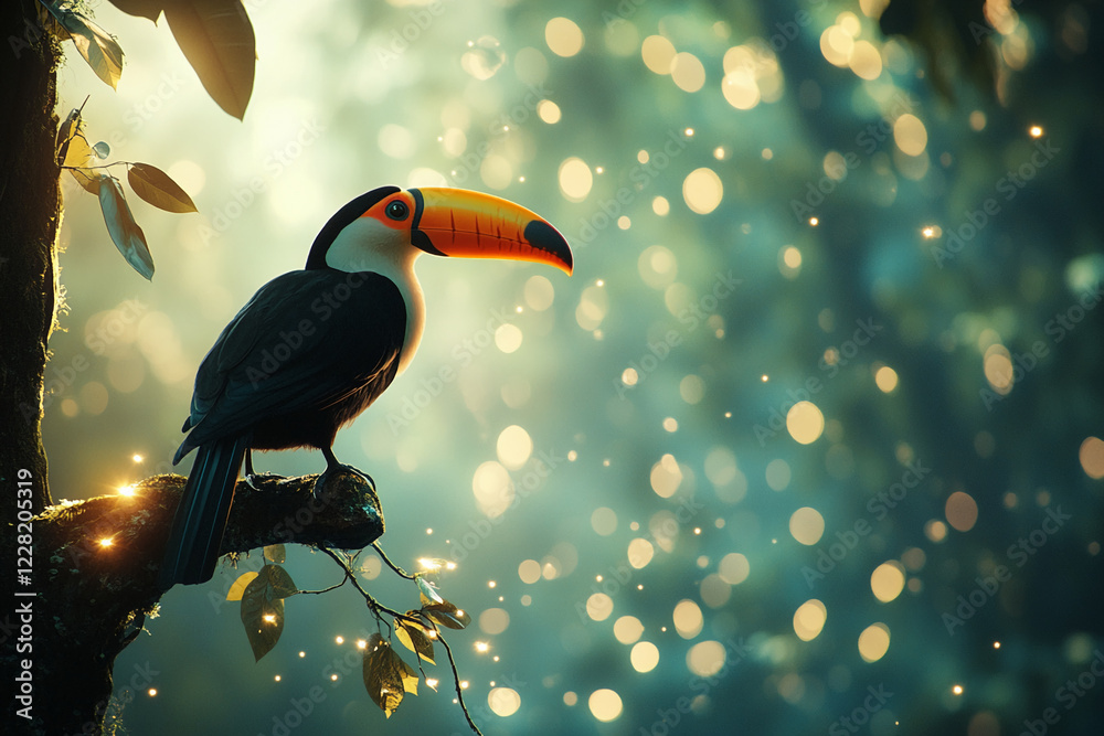 Aufkleber majestic toucan perched on a tree branch with a glowing bokeh forest background, symbolizing exotic 