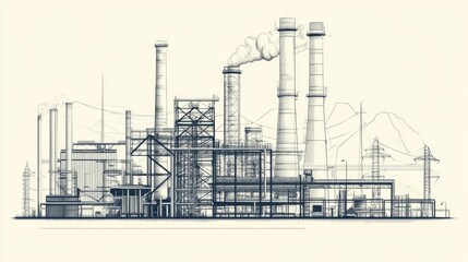 Obraz premium Detailed sketch of an industrial power plant with smokestacks and infrastructure.