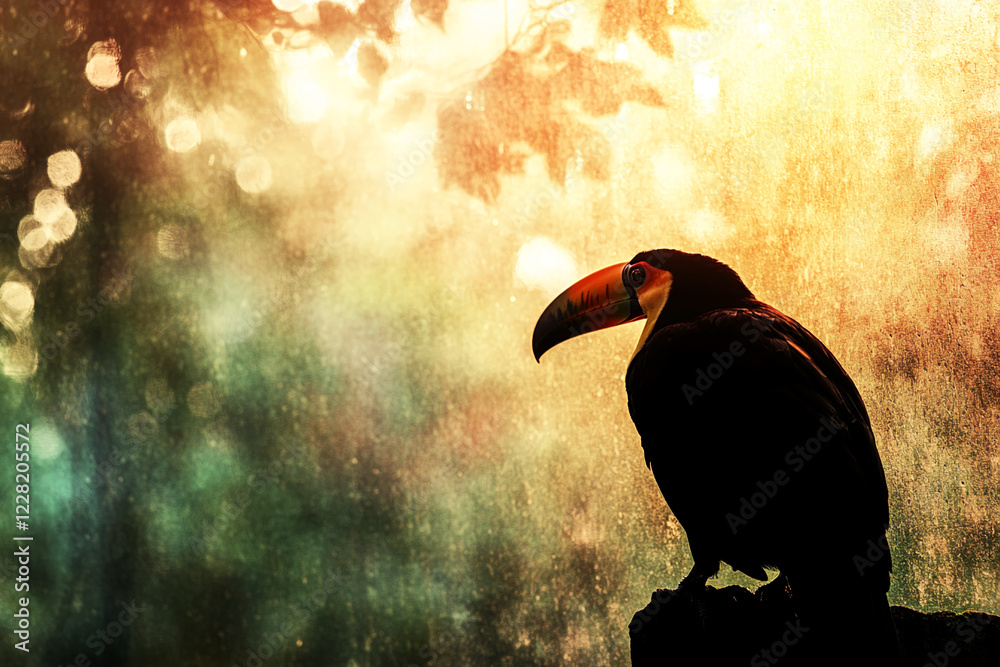 Poster Silhouette of a toucan perched on a branch with a glowing bokeh forest background, symbolizing exotic wildlife, mystery, and the beauty of nature at twilight