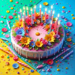 Birthday cake with flowers candles and bright colors