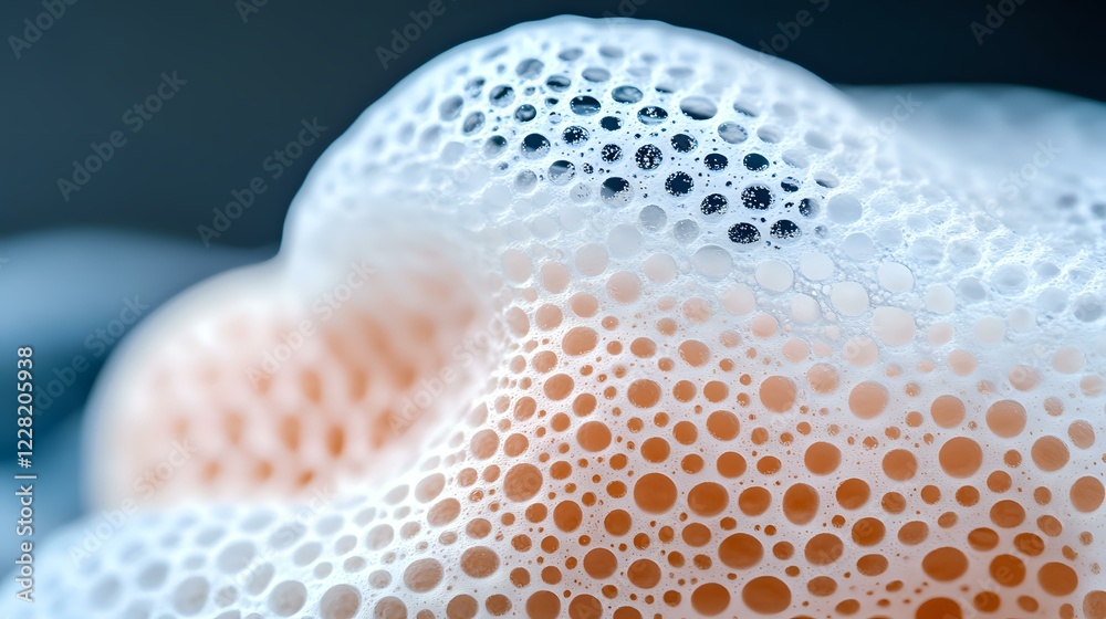 Poster macro shot of soap foam bubbles in white and peach colors creating abstract pattern with soft bokeh 