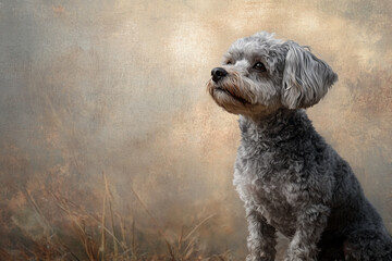 Portrait of a small gray dog with curly fur sitting on a rustic grassy field against a vintage textured background, symbolizing calmness and loyalty