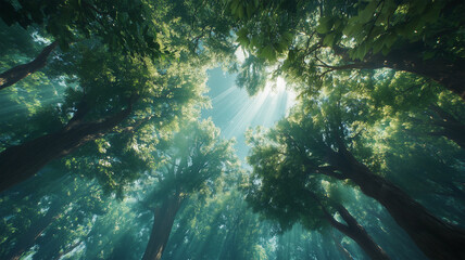 Fototapeta premium ジャングルの木々を見上げる冒険心あふれるローアングル