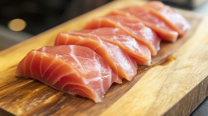 Fresh sashimi slices on wooden board
