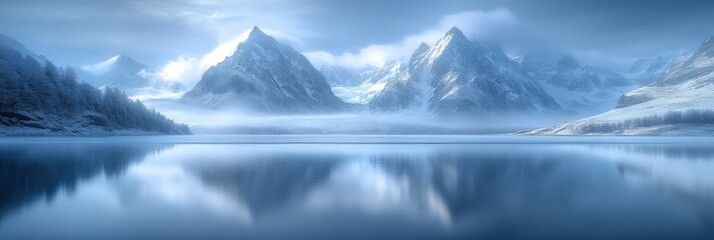 Beautiful majestic landscape with snow covered forest and lake