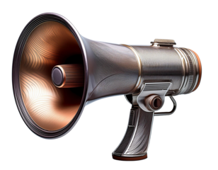 A 3D metallic megaphone icon, rendered for promotional use, saved as a transparent PNG file.
