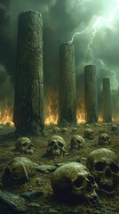 Apocalyptic Wasteland Inferno with Skulls and Fire Towers under Thunderstorm – Vibrant 8K Desolation Scene
