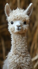 Fototapeta premium Close-up portrait of young white alpaca with fluffy wool and expressive eyes against natural brown background, showing gentle facial features and soft texture.