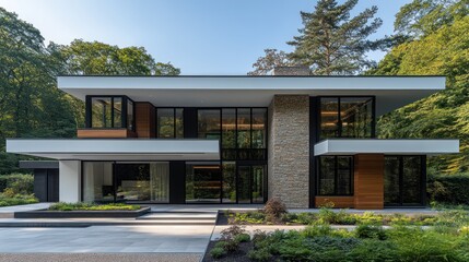 Fototapeta premium Modern house, forest backdrop, luxury home sale