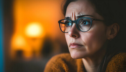 A middle-aged mom, looking sad and concerned in her apartment under warm, dimmed light.